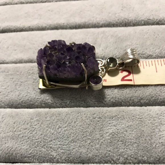 New Sterling Silver Large Purple Amethyst Druzy Pendant Green Accent Crystal Gem - Picture 12 of 14